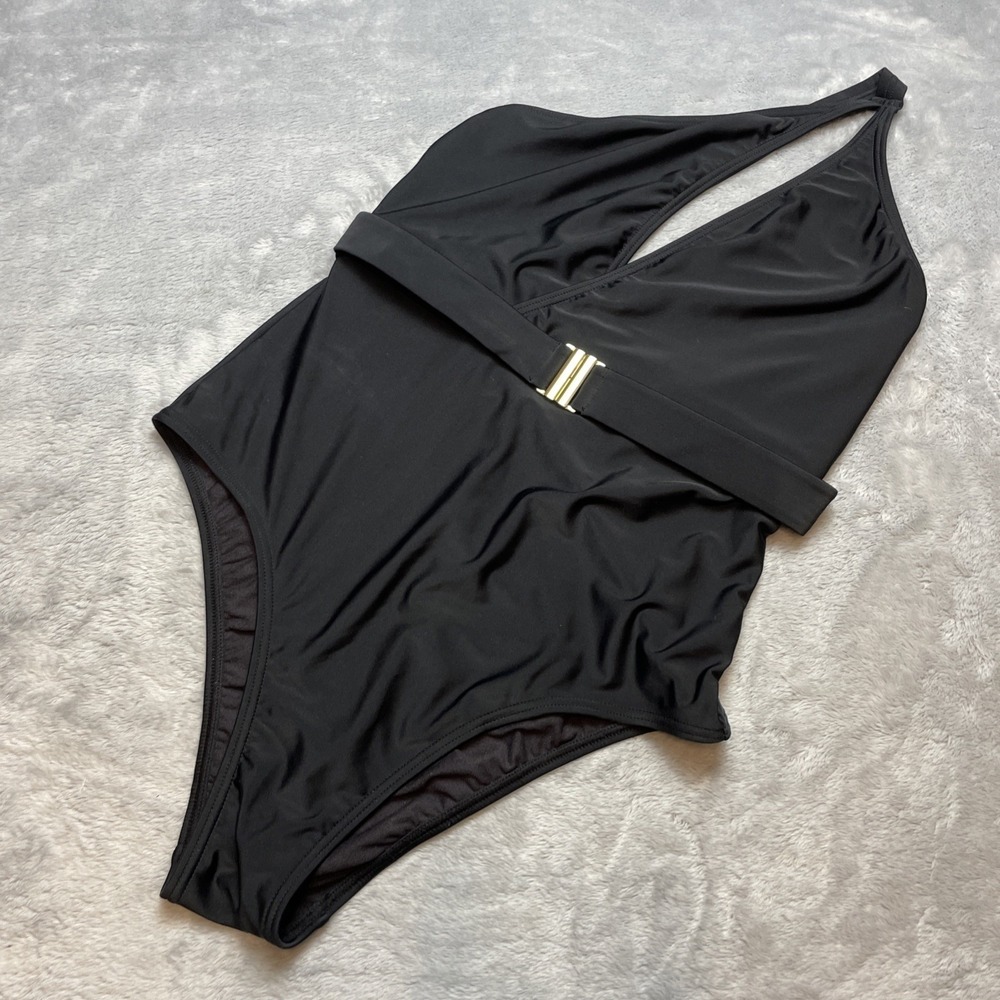 Fredericks of Hollywood Womens Sexy One Piece Swimsuit Sz L Black Cutout Belted